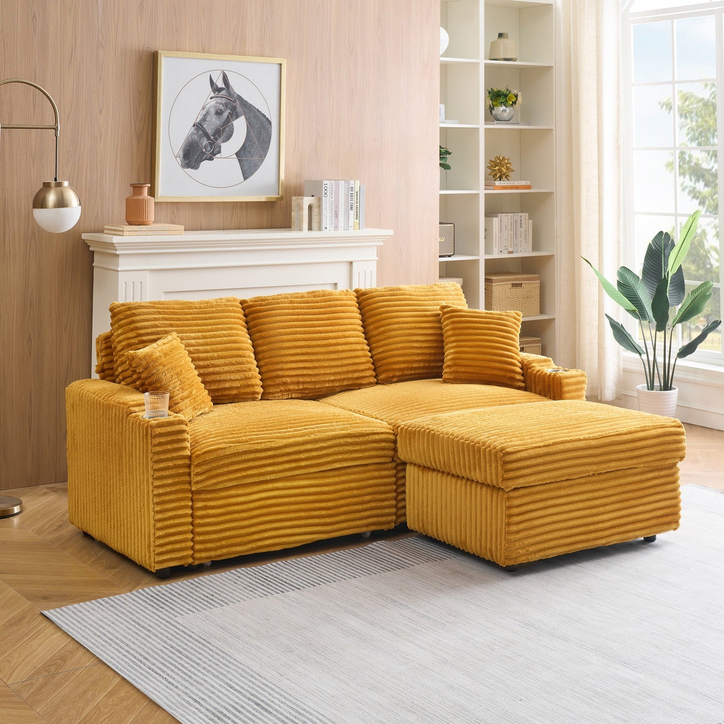 An 80-Inch Foldable and Hidden Chaise Longue Orange Corduroy Sofa With Cup Holders on the Armrests, a Footrest and Storage