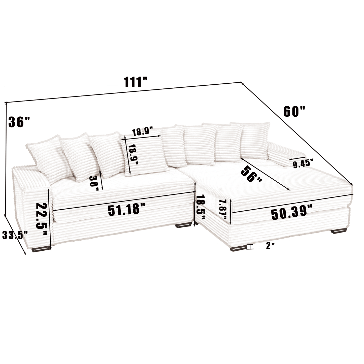 Oversized Two-Piece Couches, L Shaped Sofa, Corduroy, Right Chaise Daybed,with Armrests,Eight Throw Pillows,Corner Sofa