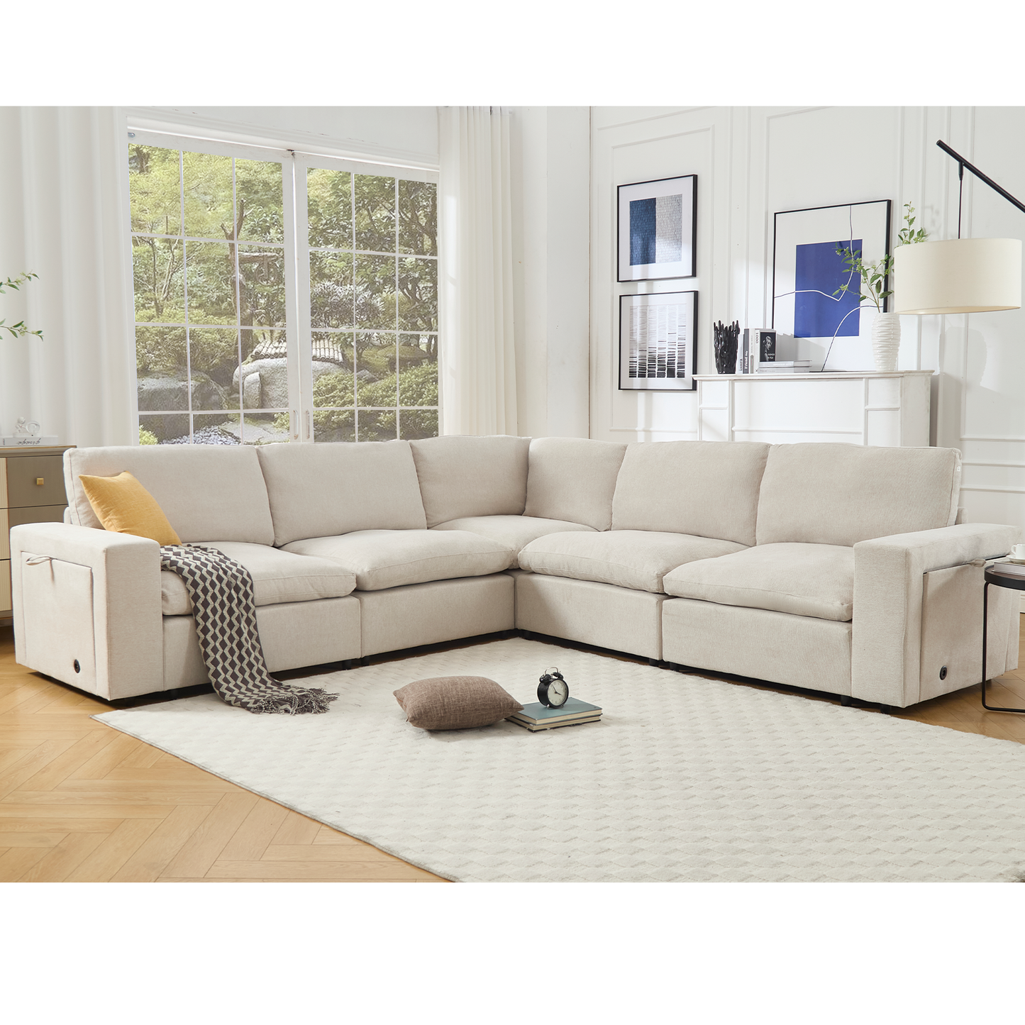 Sectional Couches for Living Room,Modular Couch,Wireless Charging Port & Cup Holders,5-Seat ,DIY Combination,L-Shaped Sofa