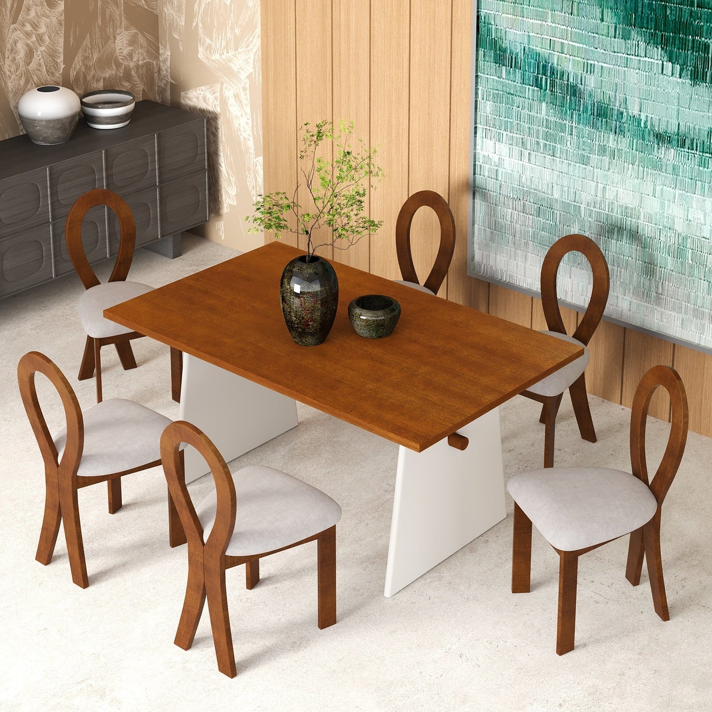 Modern 7-Piece Dining Table Set With Trestle Dining Table and 6 Upholstered Dining Chairs, Compact Kitchen Table