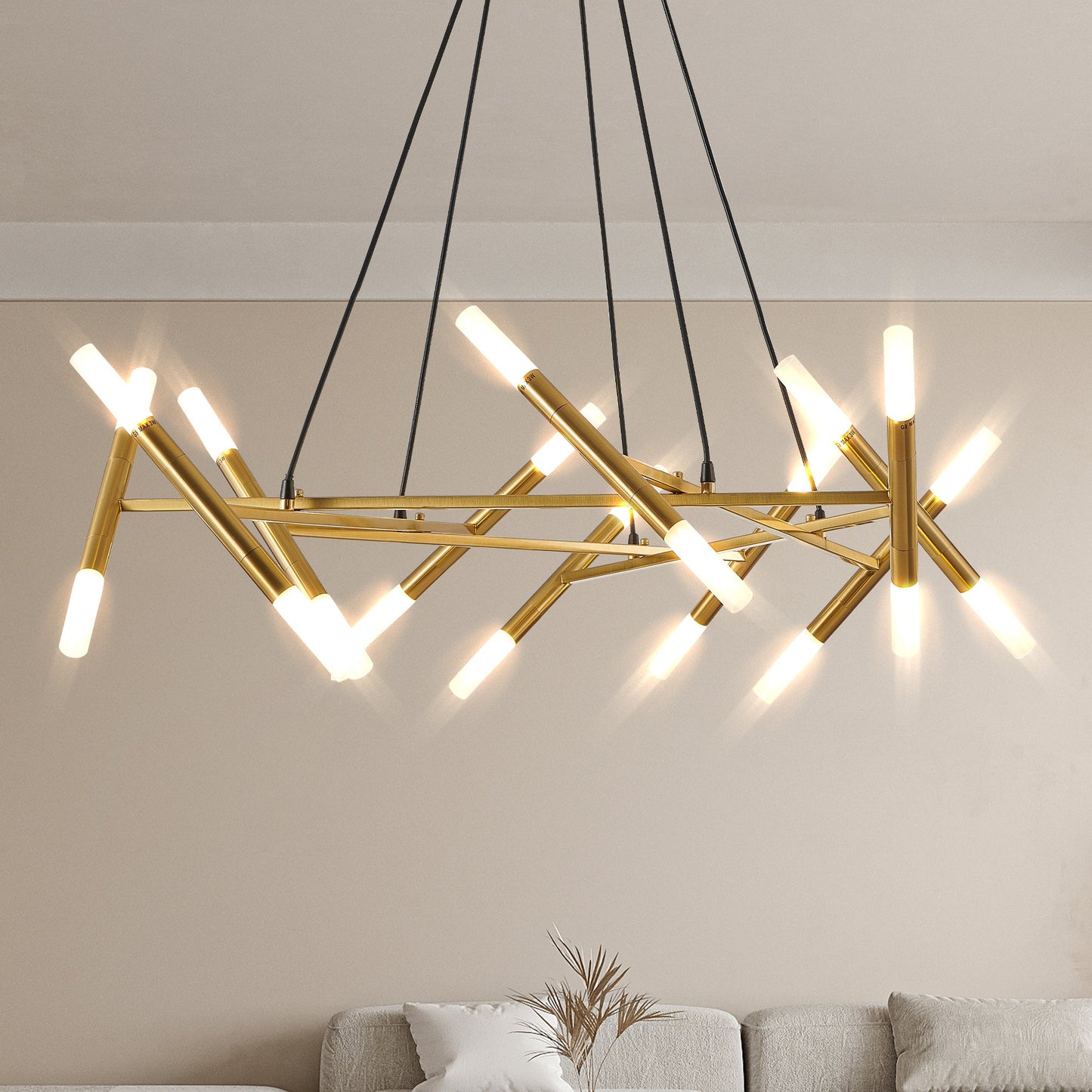 Golden Modern Chandelier Light Fixture, Branch Design With Frosted Tubes, Black Cords, Adjustable Height Pendant Light