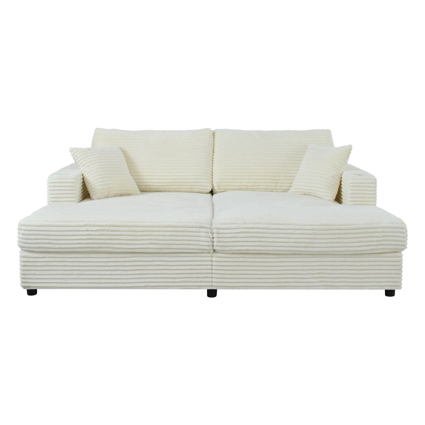 86.5" Oversized Loveseat Chaise Lounge Sectional Sofa Bed Corduroy Sleeper Sofa With Two USB Ports , Two Cup Holders