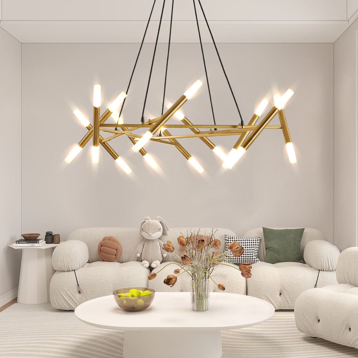 Golden Modern Chandelier Light Fixture, Branch Design With Frosted Tubes, Black Cords, Adjustable Height Pendant Light
