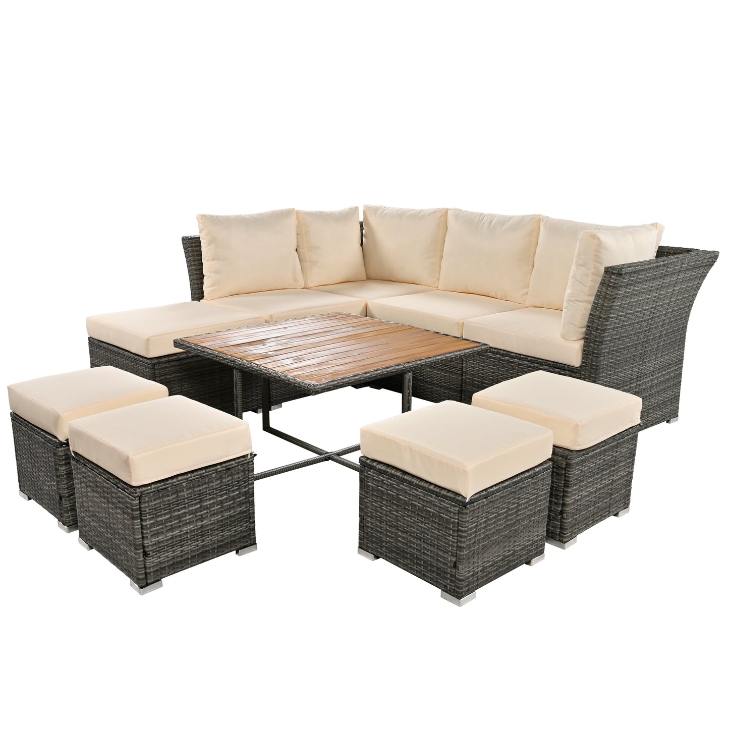 Patio Furniture Set, 10 Piece Outdoor Conversation Set, CoffeeTable With Ottomans, Solid Wood Coffee Table
