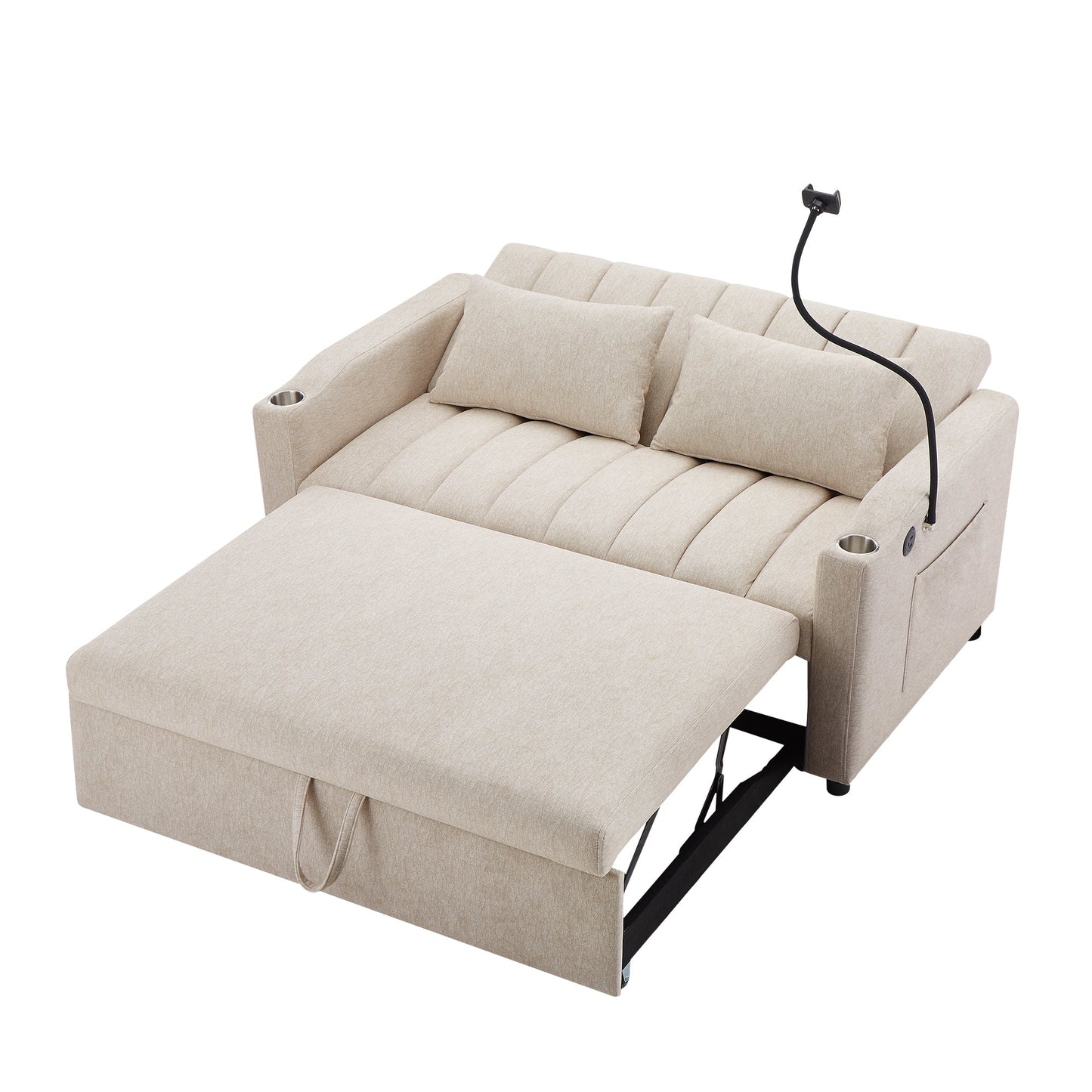 55.9" Convertible Sofa Bed Loveseat Sofa With Three USB Ports, Two Side Pockets, Two Cup Holders