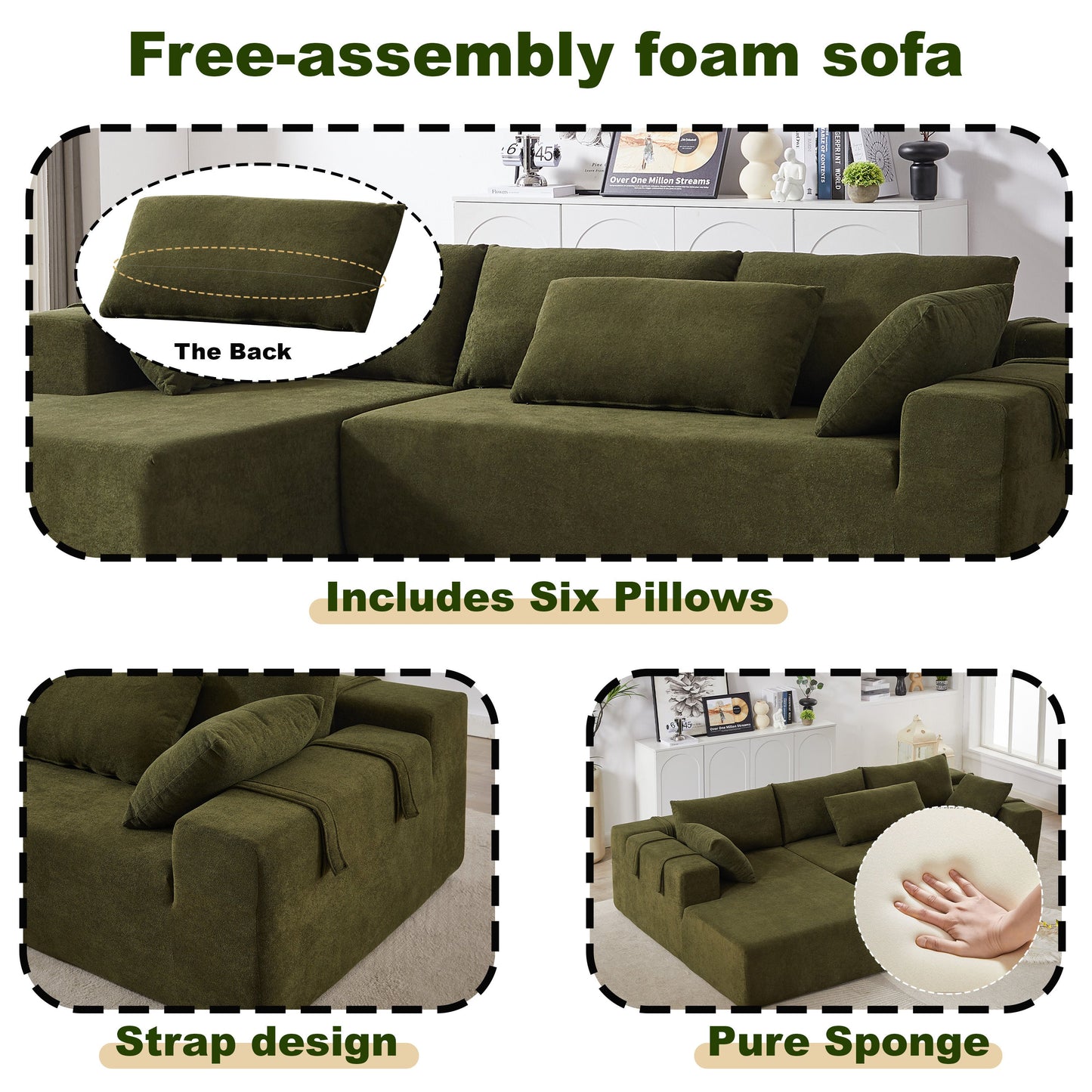 Modern Chenille Upholstered Sectional Sofa Couch Set,Modular 108" L Shaped Sectional Living Room Sofa Set With 6 Pillows