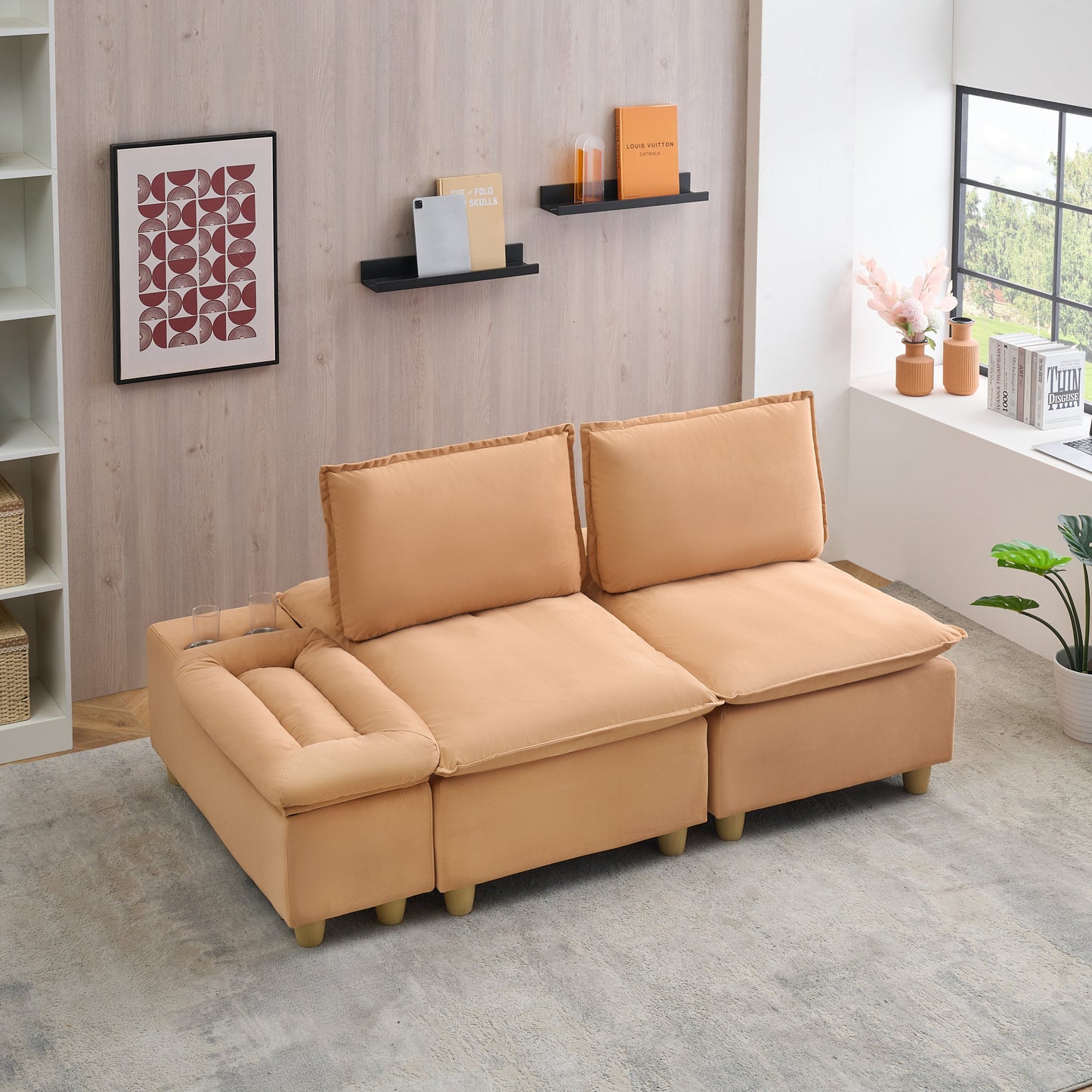 74-Inch Fashionable and Minimalist Double-Seater Pumpkin-Colored Flannel Sofa With Cup Holders, an Adjustable Backrest