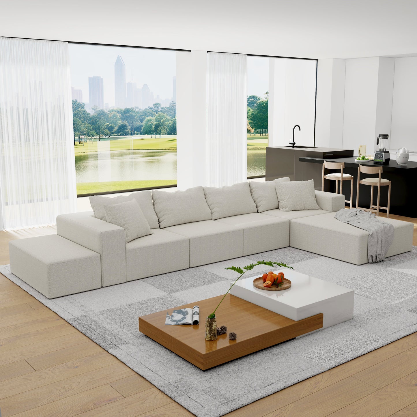 Modern Upholstered Sectional Sofa Couch Set,Modular 132" L Shaped Sectional Living Room Sofa Set With 6 Pillows,Free Com