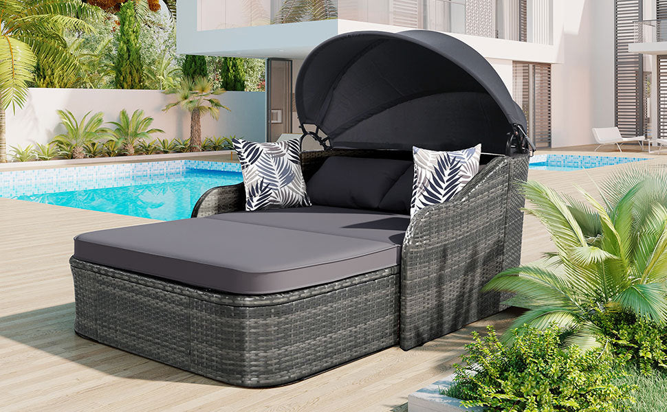 79.9" Outdoor Sunbed With Adjustable Canopy, Double Lounge, PE Rattan Daybed, Gray Wicker and Cushion