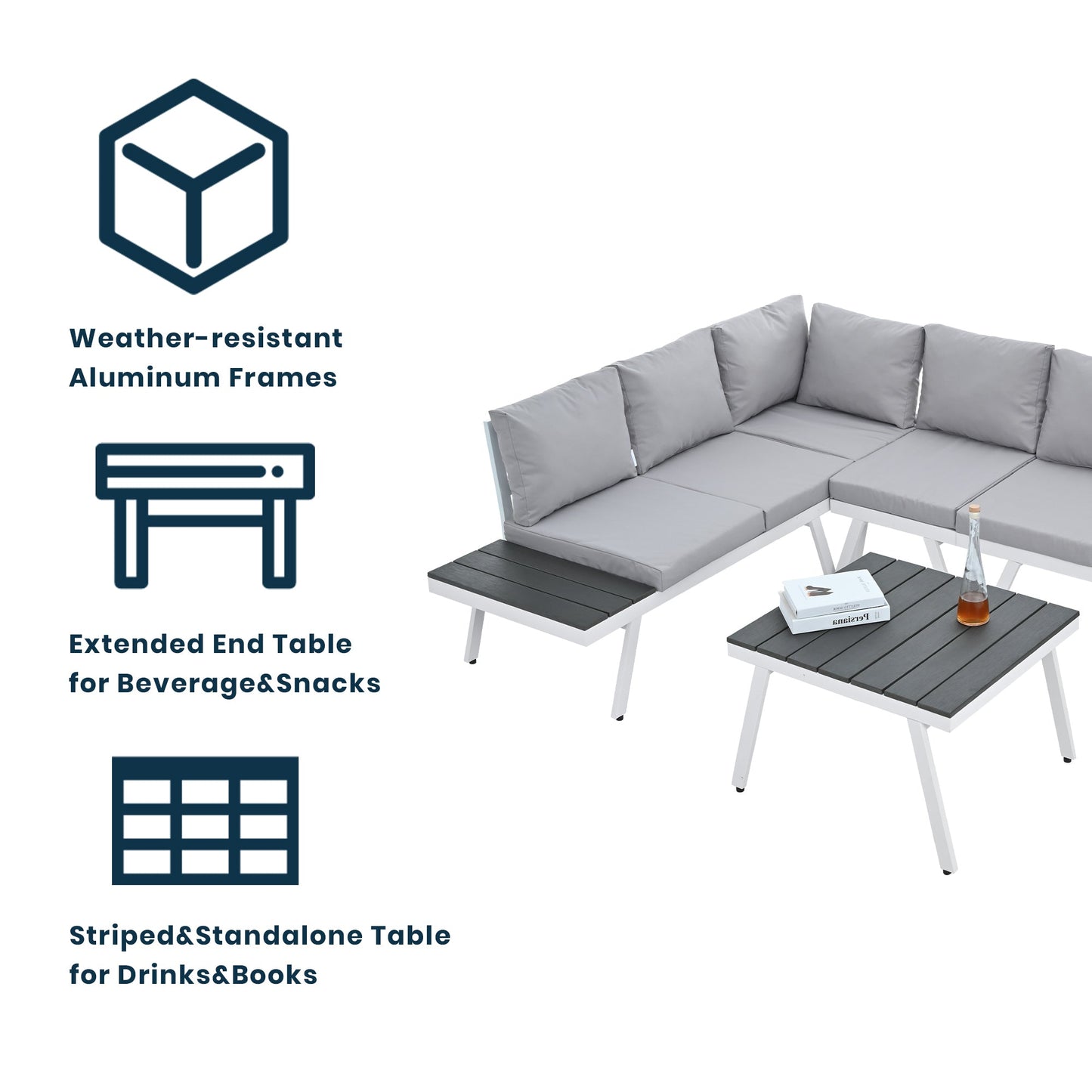Industrial 5-Piece Aluminum Outdoor Patio Furniture Set, Modern Garden Sectional Sofa Set With End Tables, Coffee Table