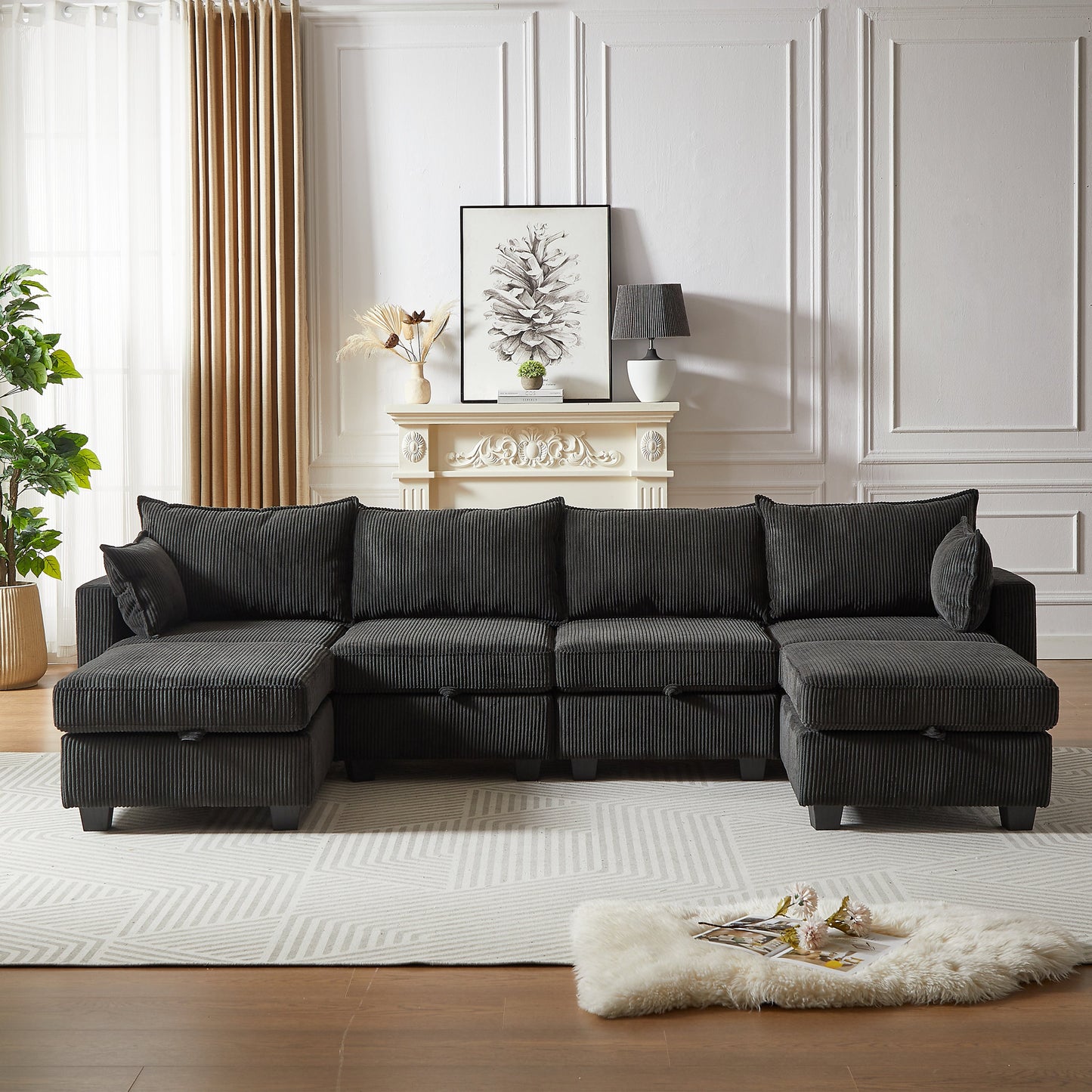 113.5'' Modular Sectiona Corduroy Sofa, Sectional Couches for Living Room U Shaped Sectional Couch With Storage Ottoman