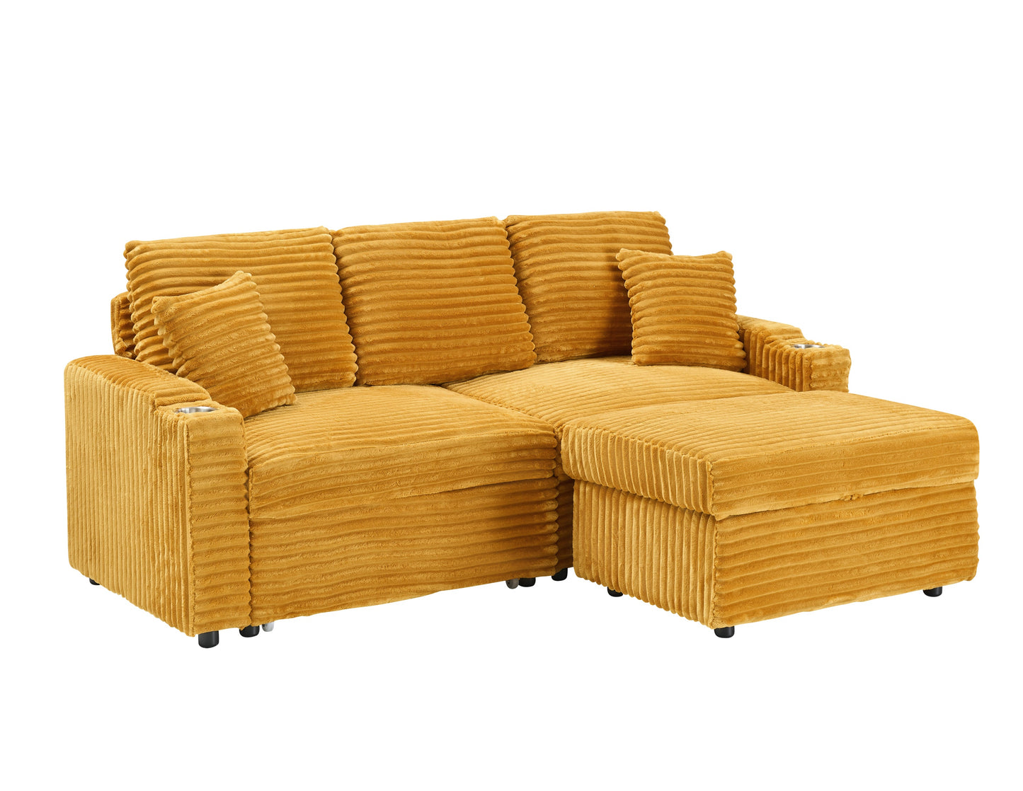 An 80-Inch Foldable and Hidden Chaise Longue Orange Corduroy Sofa With Cup Holders on the Armrests, a Footrest and Storage