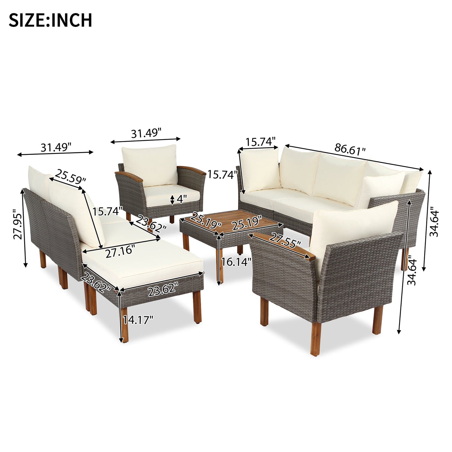 GO 9-Piece Patio Rattan Furniture Set, Outdoor Conversation Set With Acacia Wood Legs and Tabletop, PE Rattan Sectional