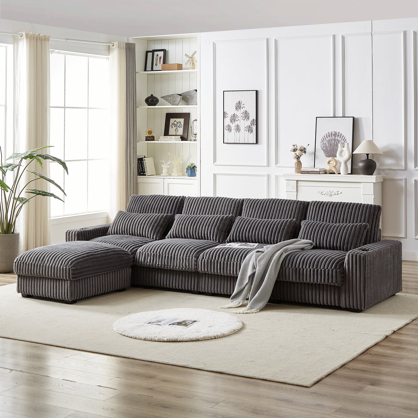126-Inch Corduroy With Cup Holder Super Large L-Shaped Sofa, Movable Footrest, Four Waist Pillows and Four Back Cushion