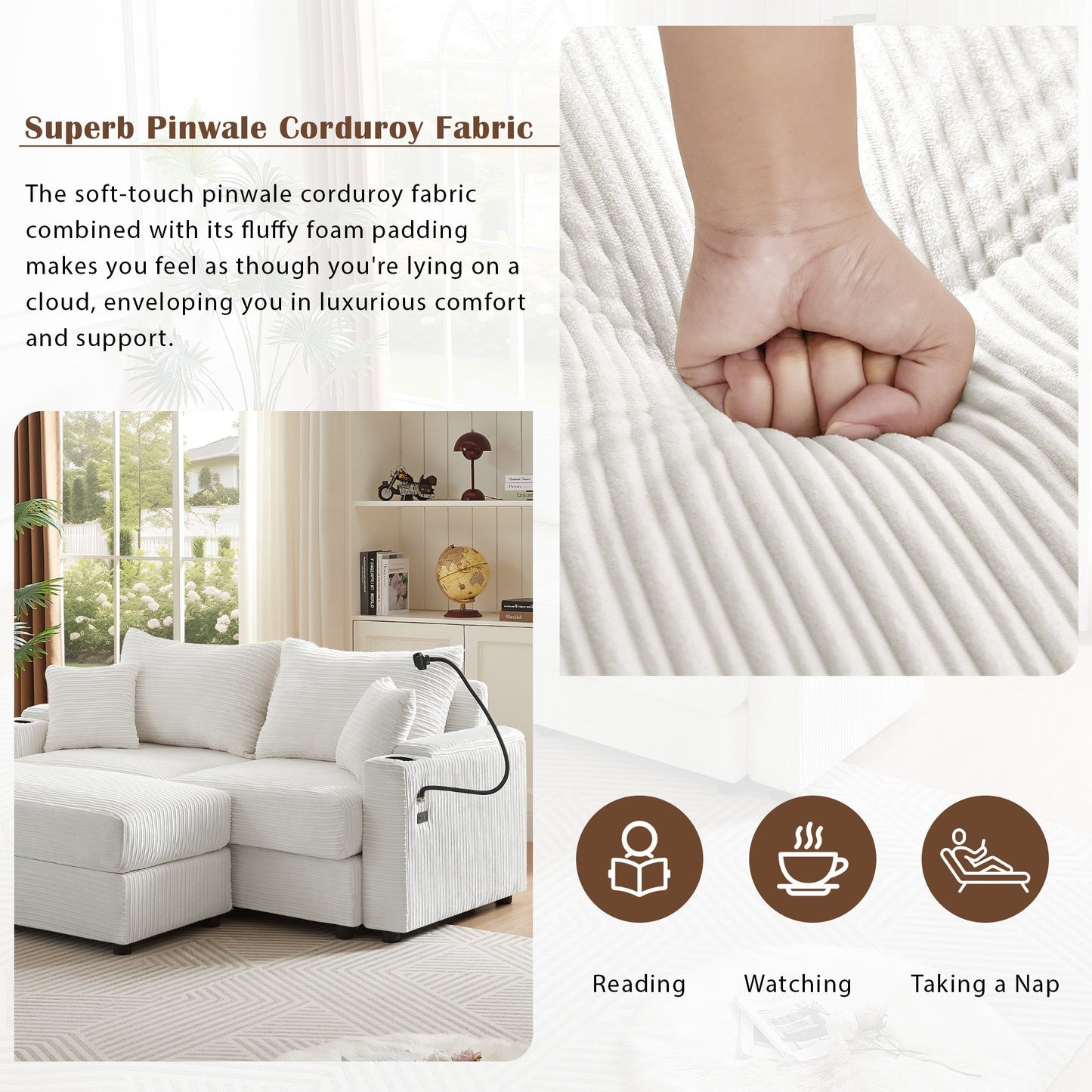 72.8" Modern Style Loveseat Sofa Sectional Sofa Couch With Storage Space, a Movable Ottoman, Two USB Ports, Two Cup Hold