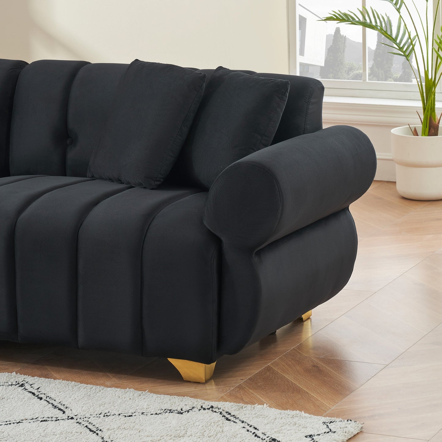 89-Inch Spring-Wrapped Cushions, 3 Flannelette Sofas, Stylish Metal Feet and 4 Throw Pillows Make for a Modern Living Room