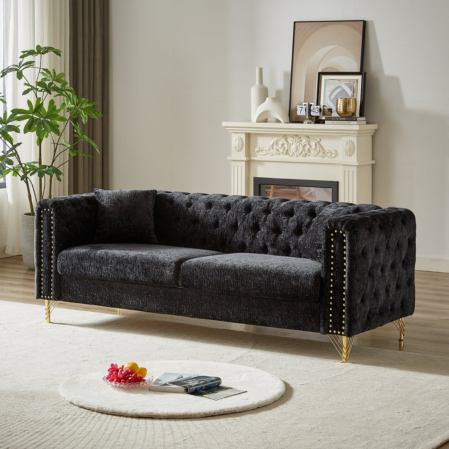 82-Inch Chenille Pull Buckle Design Sofa for Living Room,Buttons Tufted With Copper Nail Decoration Armrest, Modern Couch