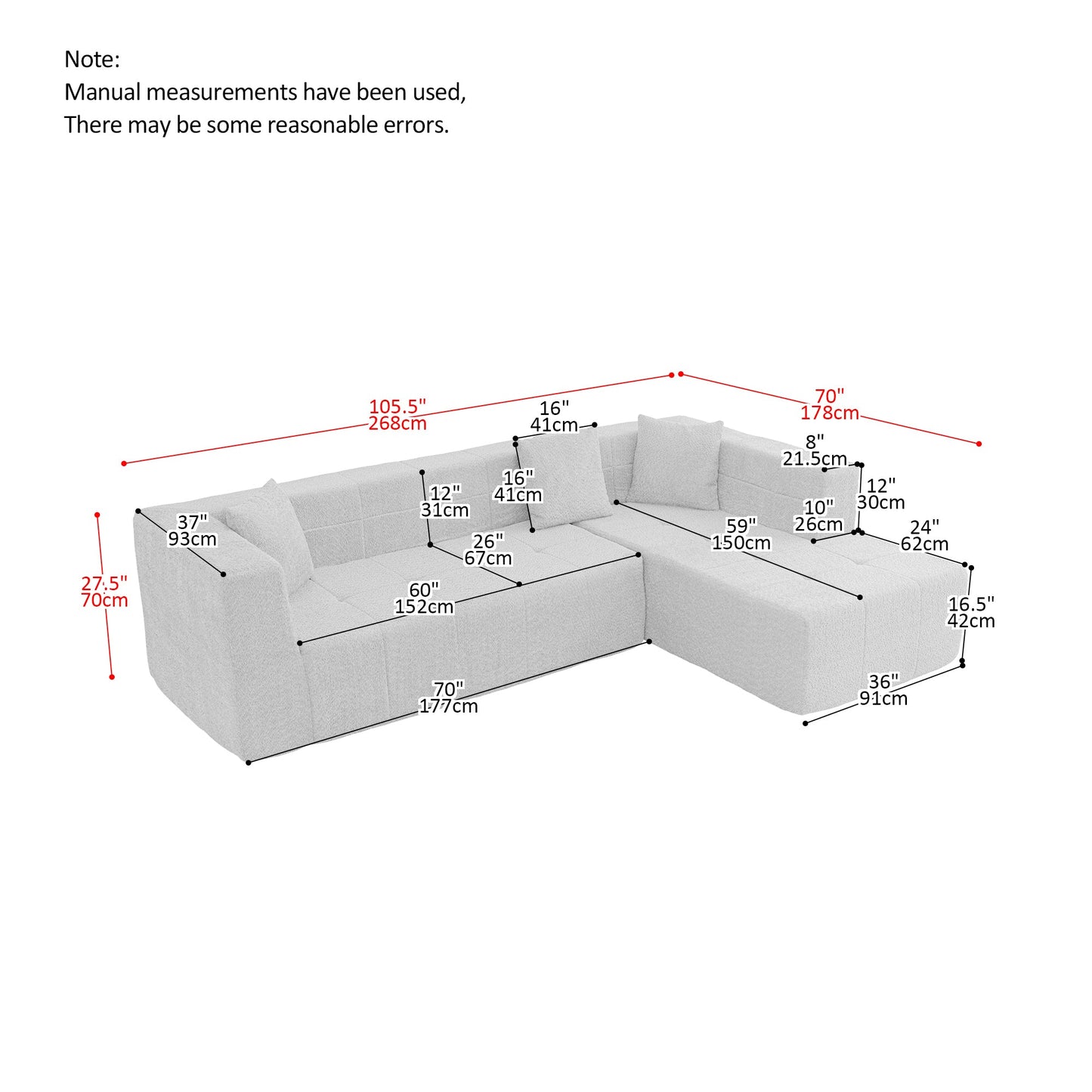105.5" Modular L-Shaped Sectional Floor Couch, Deep Seat Tufted Comfy Sofa Set With Chaise for Living Room