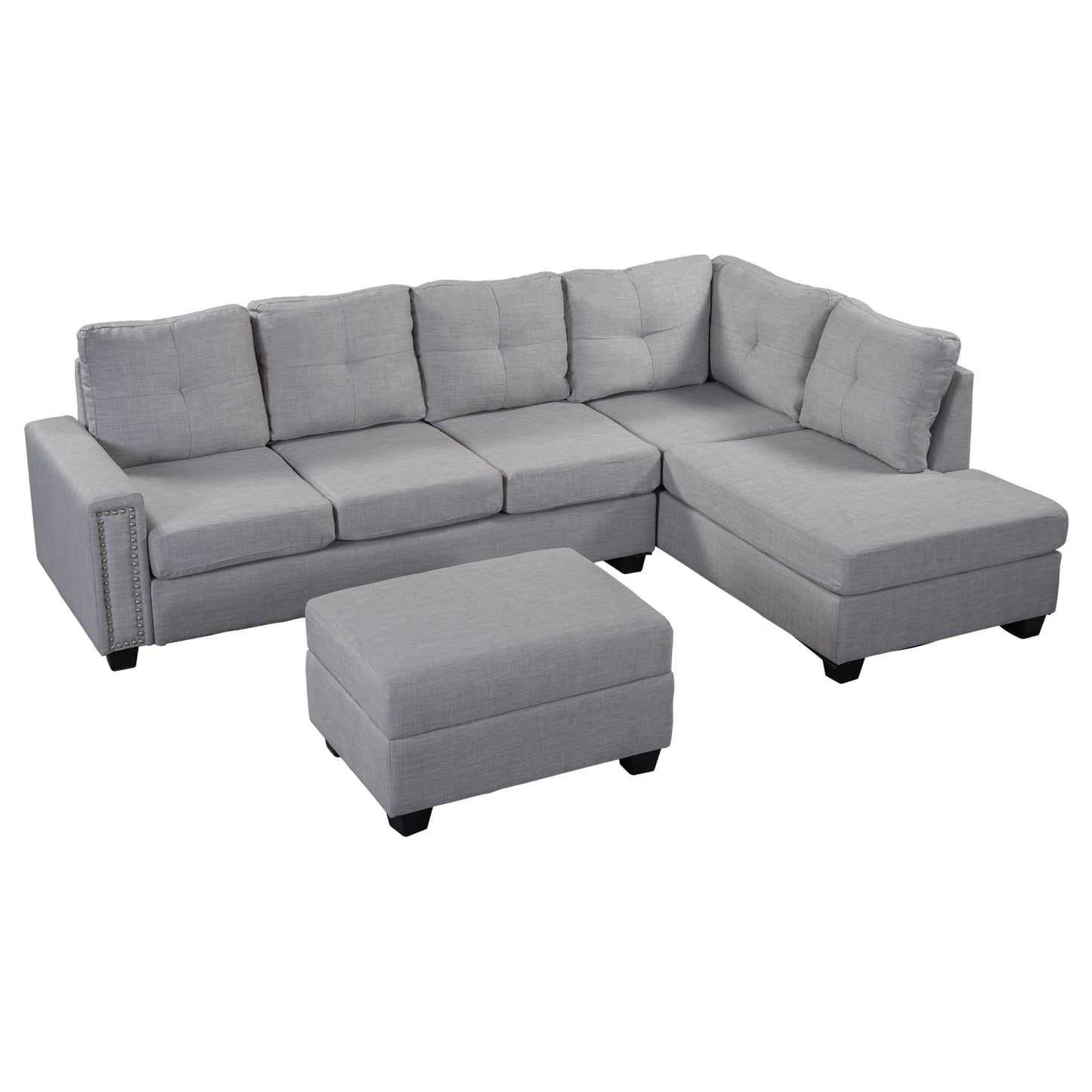 Reversible Sectional Sofa Space Saving With Storage Ottoman Rivet Ornament