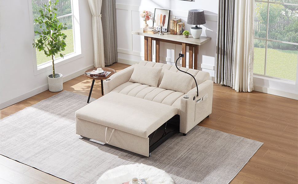 55.9" Convertible Sofa Bed Loveseat Sofa With Three USB Ports, Two Side Pockets, Two Cup Holders