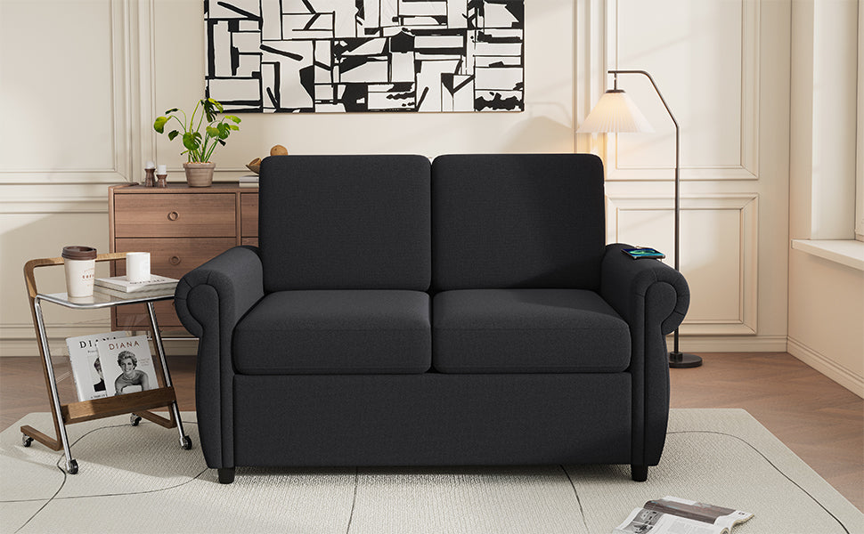 57.9" Pull Out Sofa Bed Loveseat Sleeper With Twin Size Memory Mattress With Two USB Ports for Living Room Spaces, Black