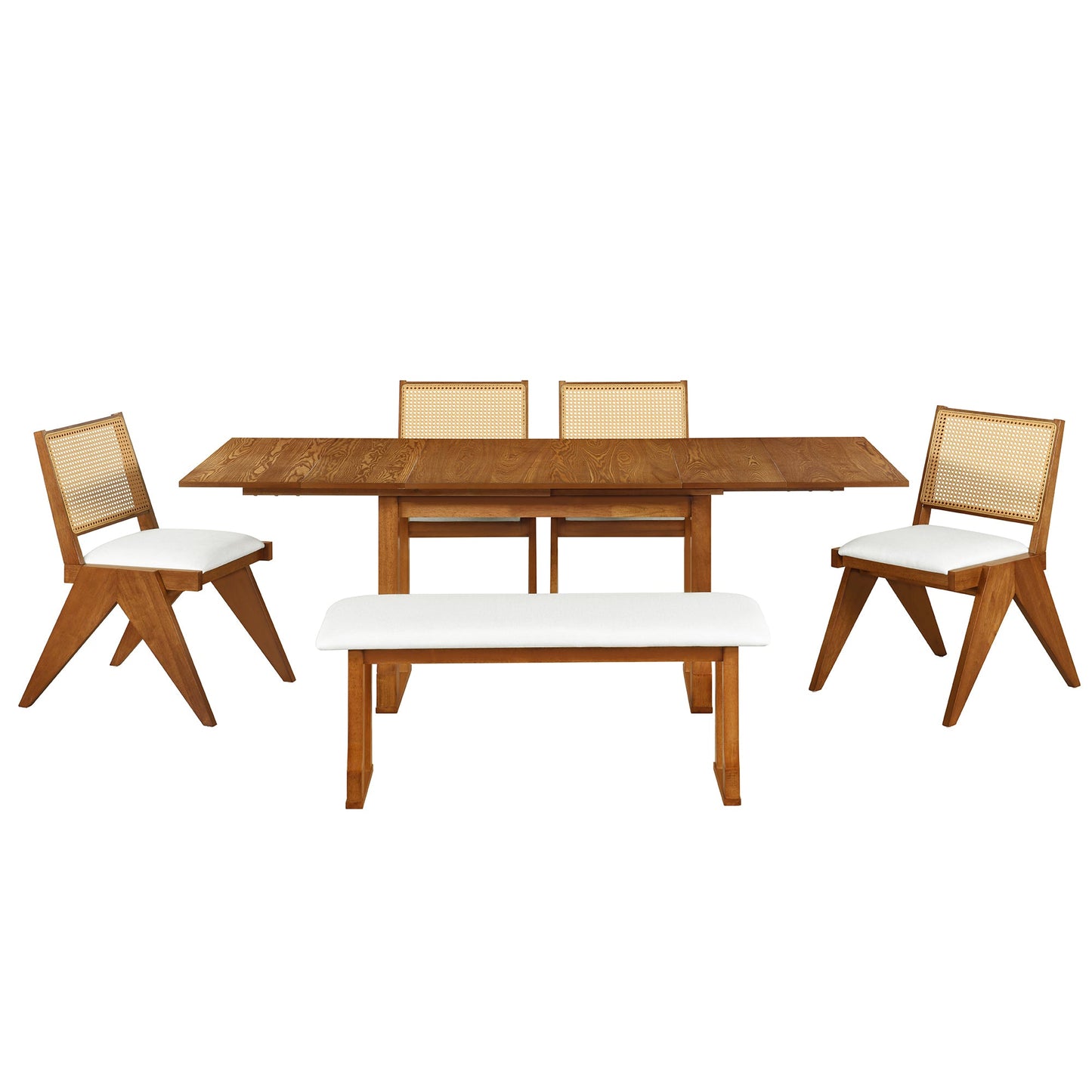 Modern 6-Piece 82.7inch Extendable Dining Table Set With 4 Wicker Back Upholstered Dining Chairs and Long Bench