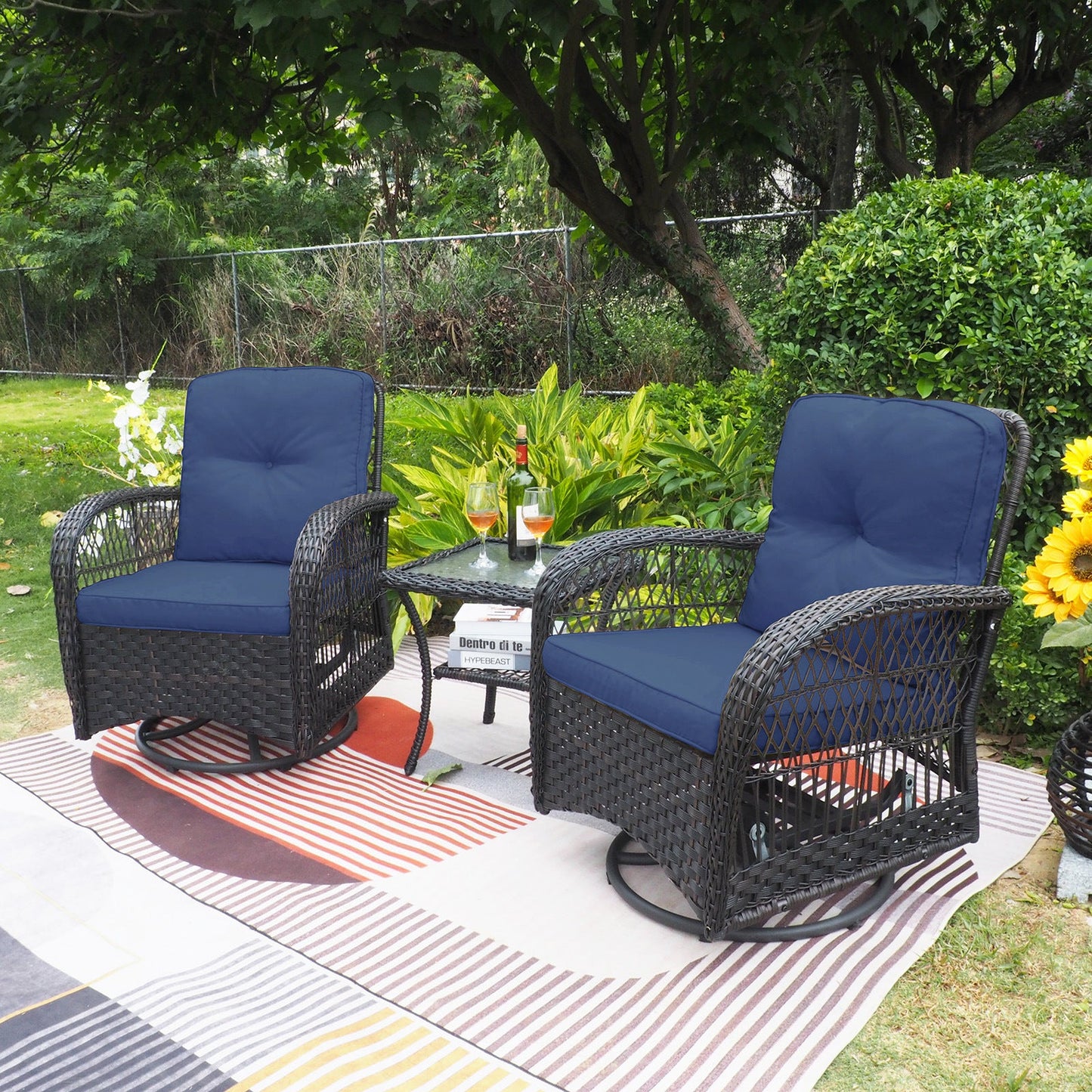 360-Degree Patio Wicker Swivel Rocker Chairs Set; Outdoor Rattan Rocking Bistro Sets With Cushions and Table