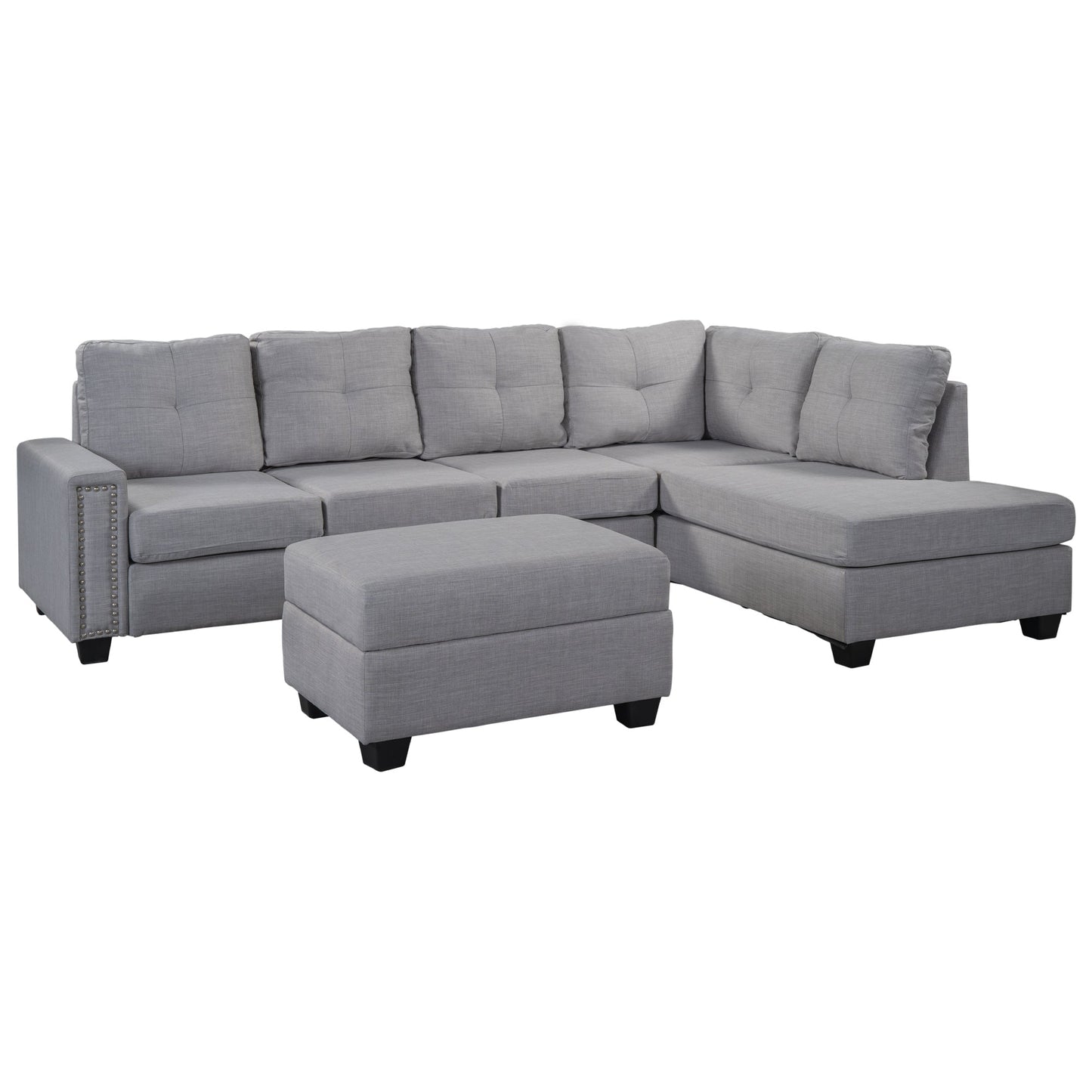 Reversible Sectional Sofa Space Saving With Storage Ottoman Rivet Ornament