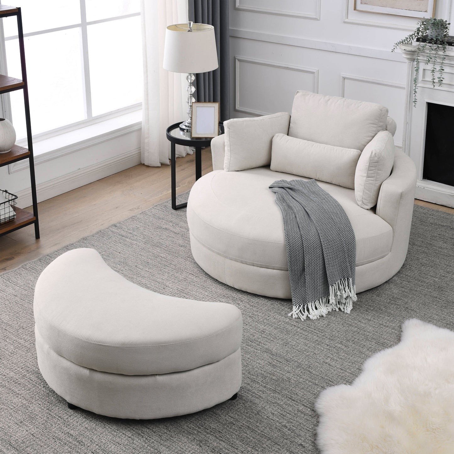 Swivel Accent Barrel Modern Sofa Lounge Club Big Round Chair With Storage Ottoman Linen Fabric for Living Room