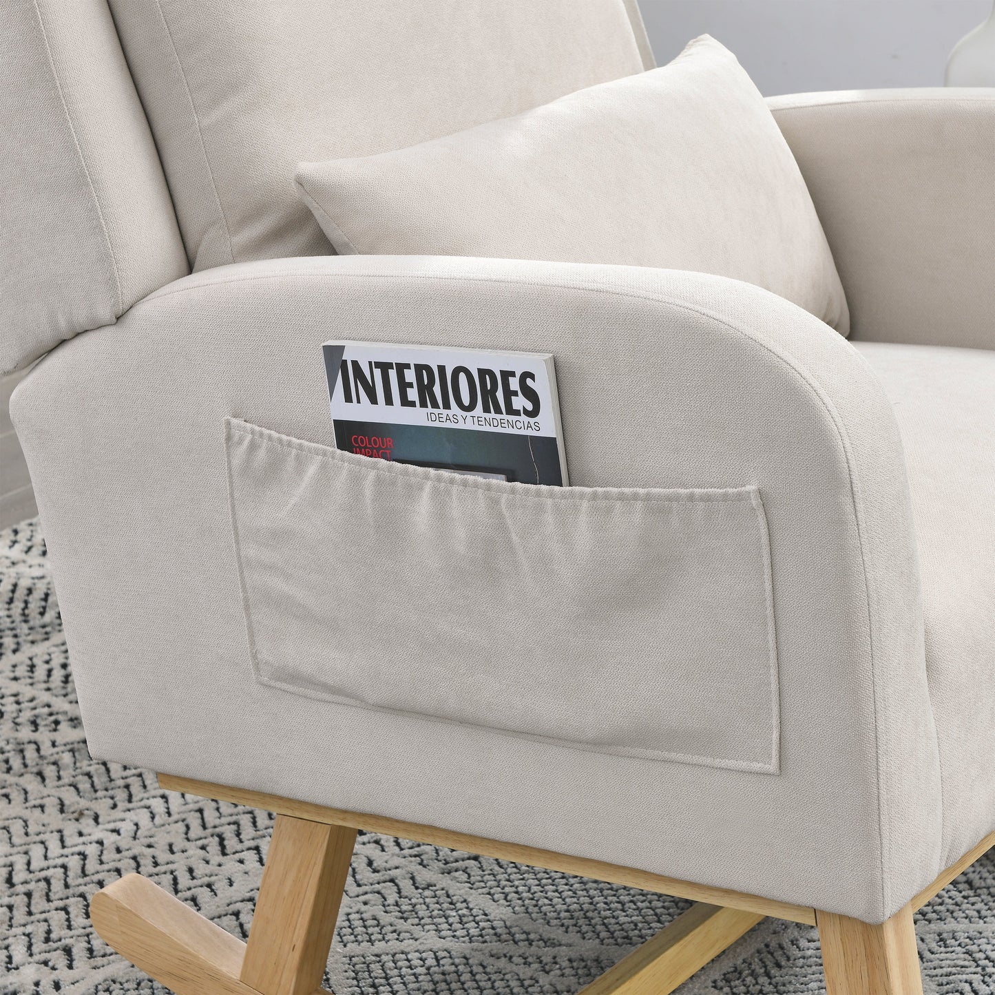 27.5 "W Modern Accent High Back Living Room Casual Armchair Rocker With One Lumbar Pillow, Two Side Pockets