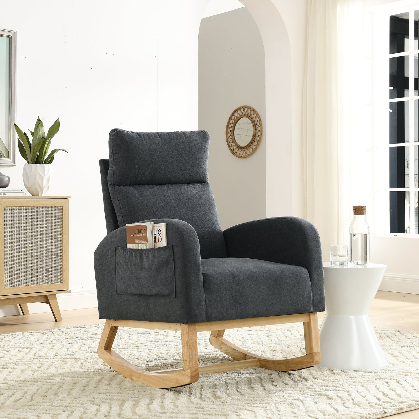 Modern Accent High Backrest Living Room Lounge Arm Rocking Chair, Two Side Pocket