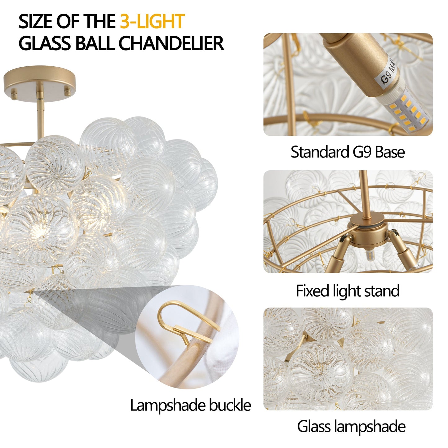 20-Inch Gold Ceiling Pendant Light With Threaded Clear Glass Globe Shade – Ideal for Living Room, Dining Room, Kitchen