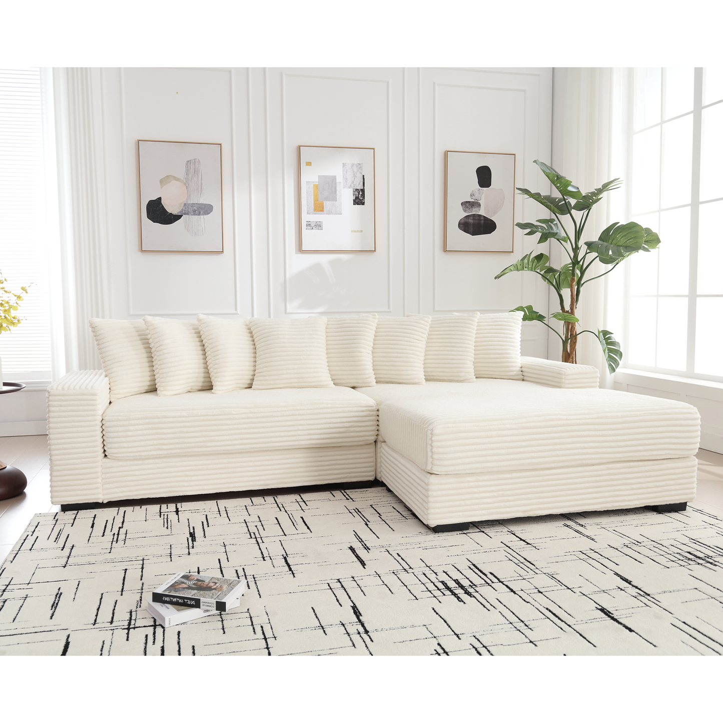 Oversized Two-Piece Couches, L Shaped Sofa, Corduroy, Right Chaise Daybed,with Armrests,Eight Throw Pillows,Corner Sofa