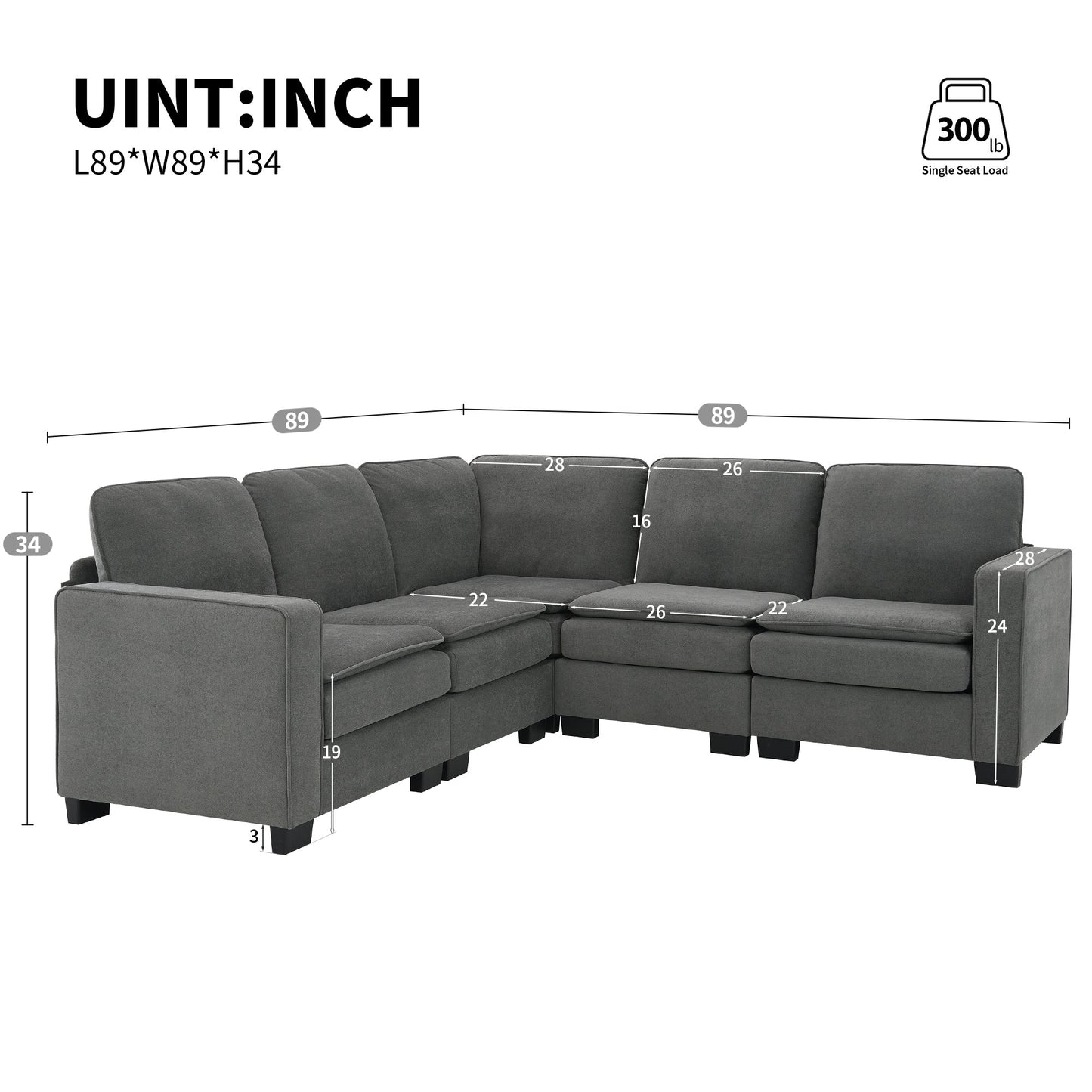 89*89" Oversized Velvet Modern Sectional Sofa,Large L Shaped Upholstered Indoor Furniture With Double Cushions,5 Seat