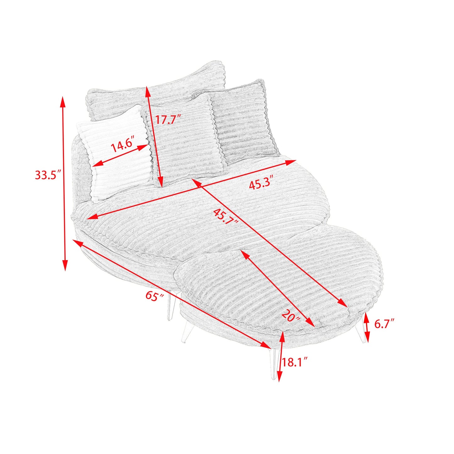 65.00 Inches Long, Corduroy Sofa Fabric, With Three Matching Pillows and Two Spacious and Comfortable Seats