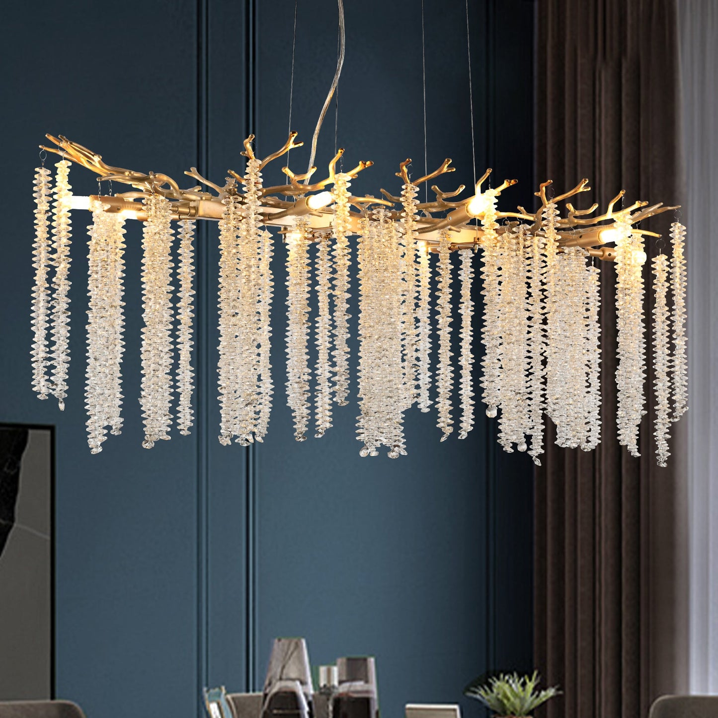 39.4-Inch Modern Golden Pendant Light With Cascading Crystal Strands, Ideal for Living Room, Dining Room and Foyer