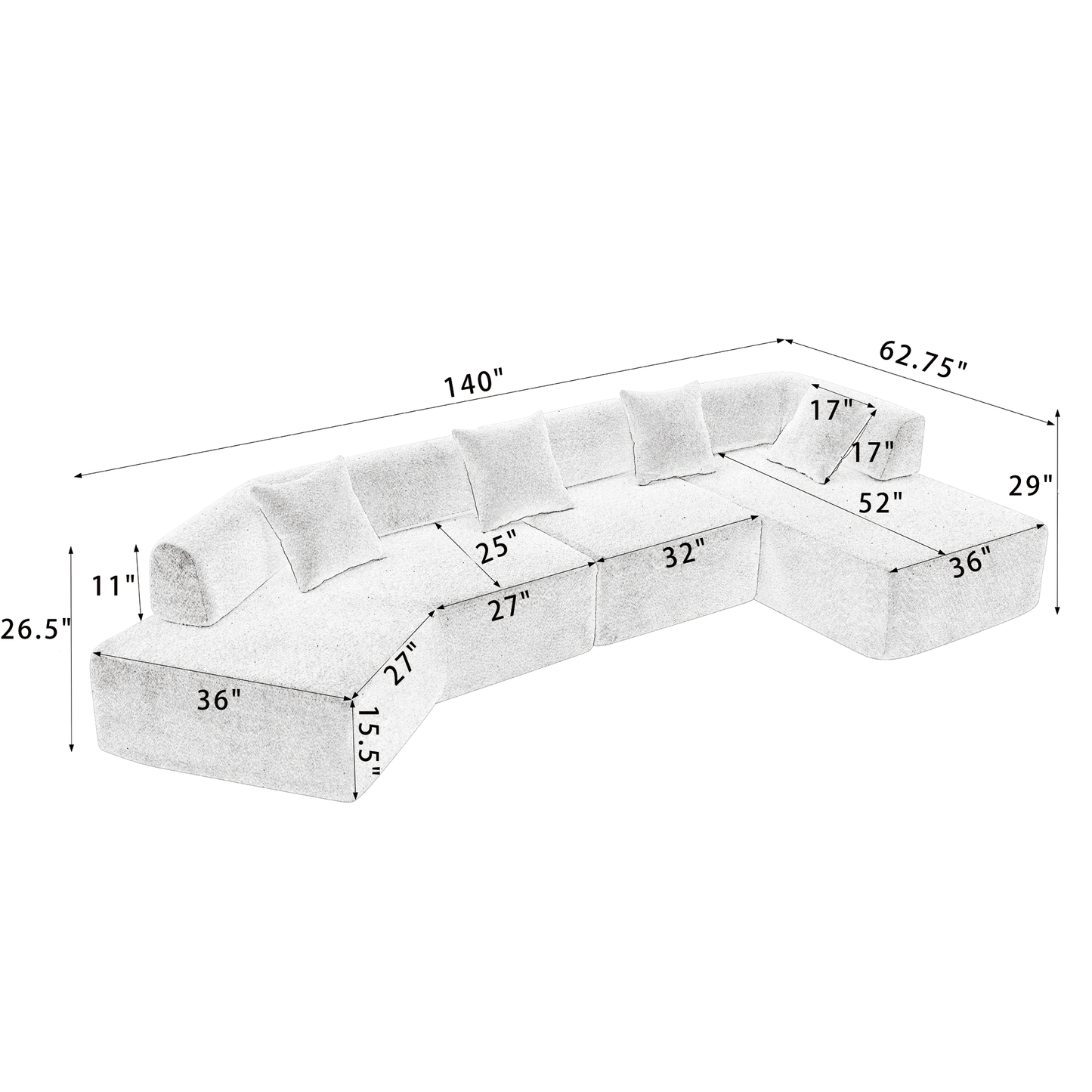 Modern Minimalist 140" L-Shape Couch ,No Assembly Required,Boucle,Modular Sofa ,Couch With Chaise