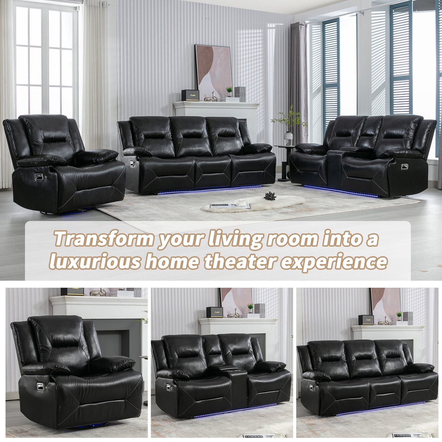 360° Swivel and Rocking Home Theater Recliner Manual Recliner Chair With a LED Light Strip for Living Room,Bedroom