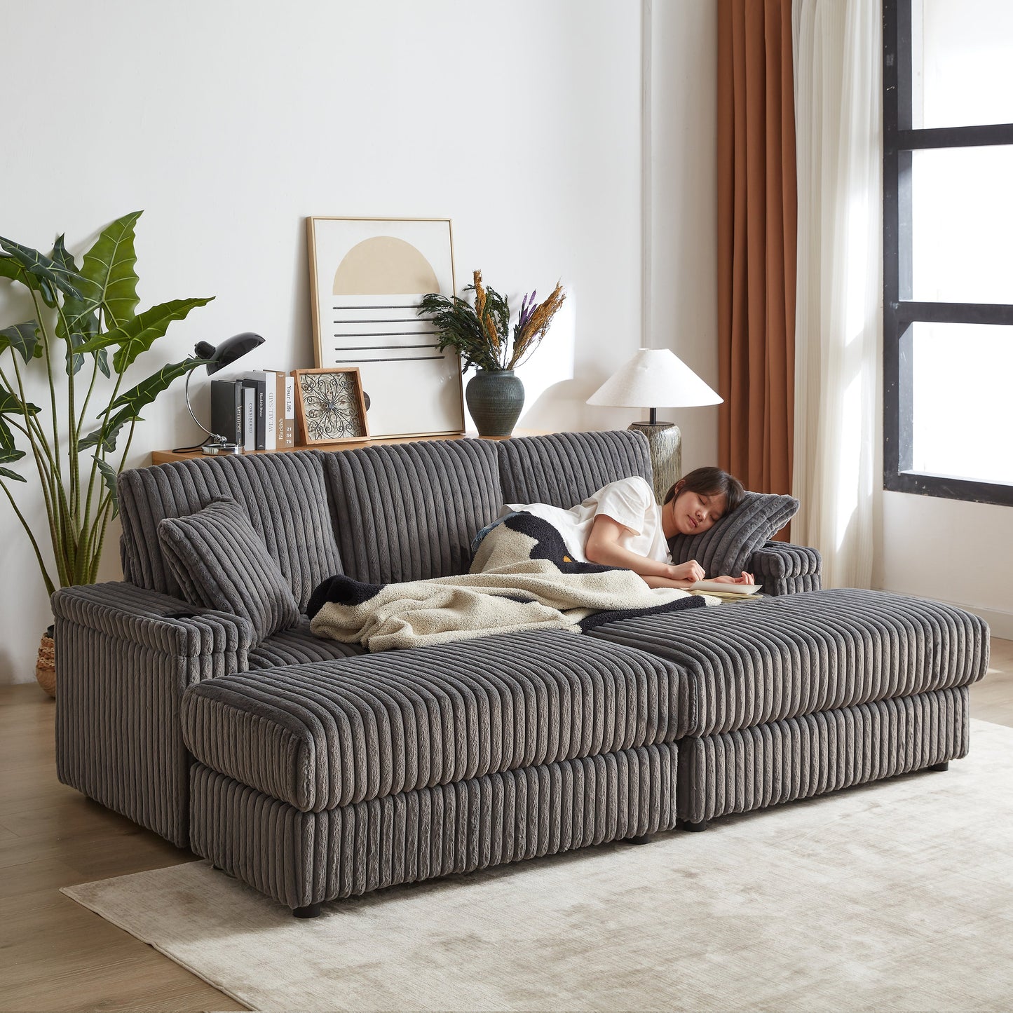 84Inch Corduroy 3-Seater Sofa With 3 Back Pillows ,2 Toss Pillows , a Ottoman ,2storage Spaces and Cup-Holding Grooves