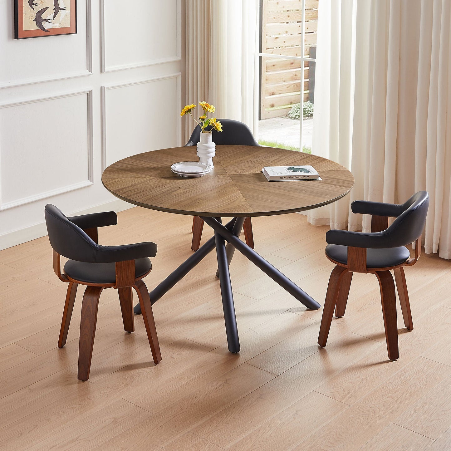 53.14'' Round MDF Coffee Table End Table Short Leisure Tea Table Cross Legs Metal Base, Easy to Assemble,Walnut