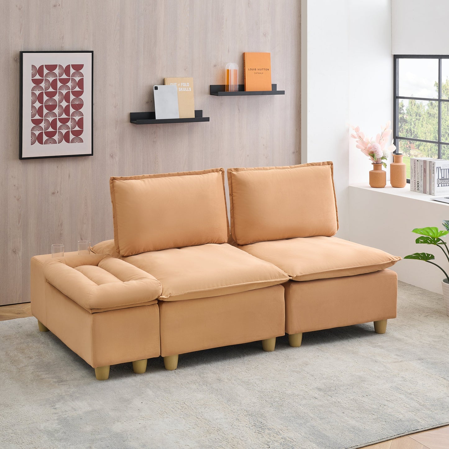 74-Inch Fashionable and Minimalist Double-Seater Pumpkin-Colored Flannel Sofa With Cup Holders, an Adjustable Backrest