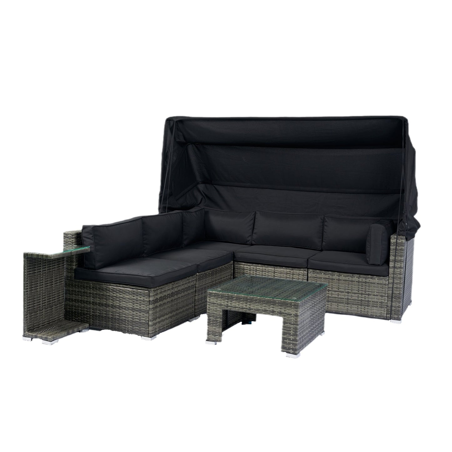 7-Piece Patio Furniture Set W/Retractable Canopy Wicker Rattan Sectional Sofa Set Patio Furniture With Washable Cushions
