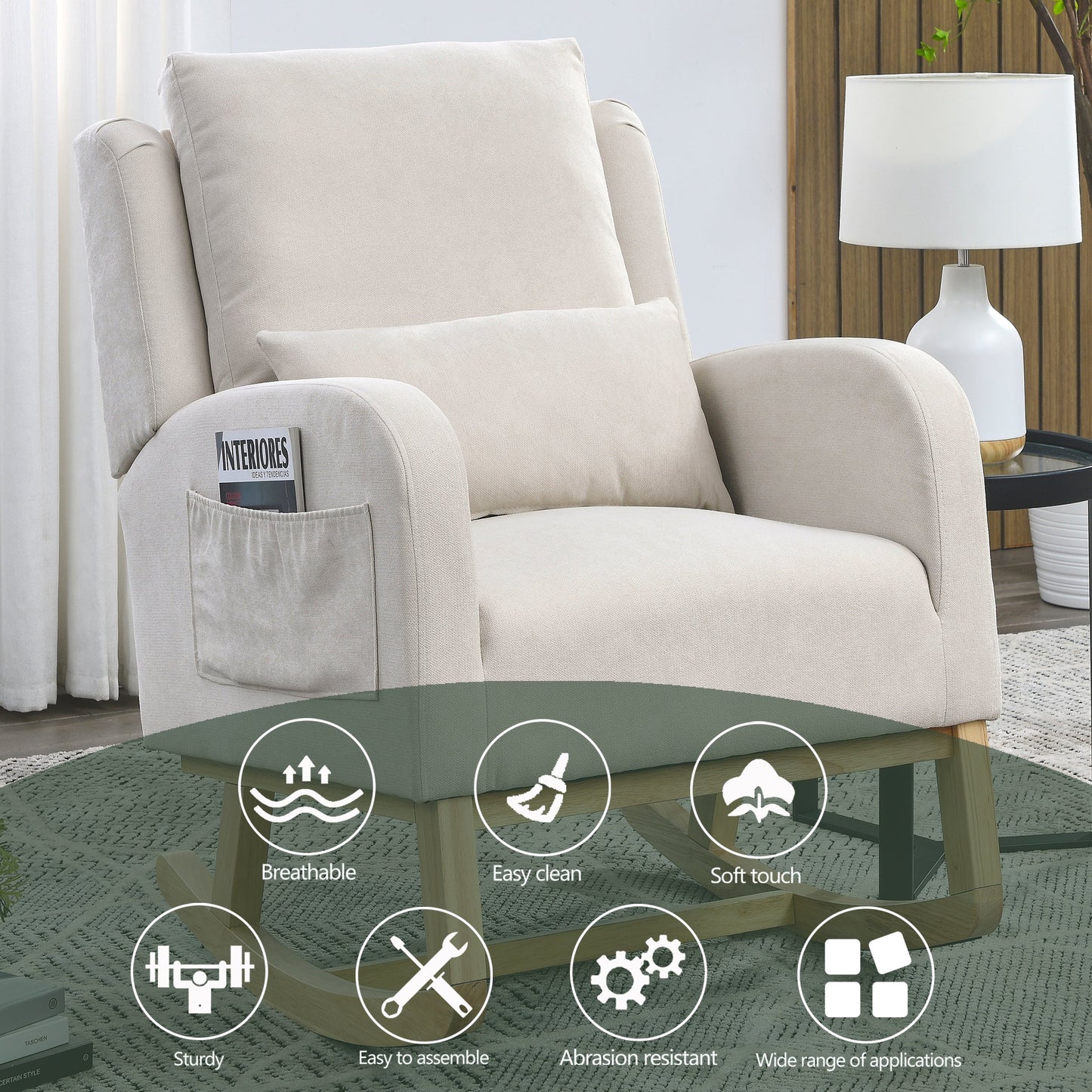 27.5 "W Modern Accent High Back Living Room Casual Armchair Rocker With One Lumbar Pillow, Two Side Pockets