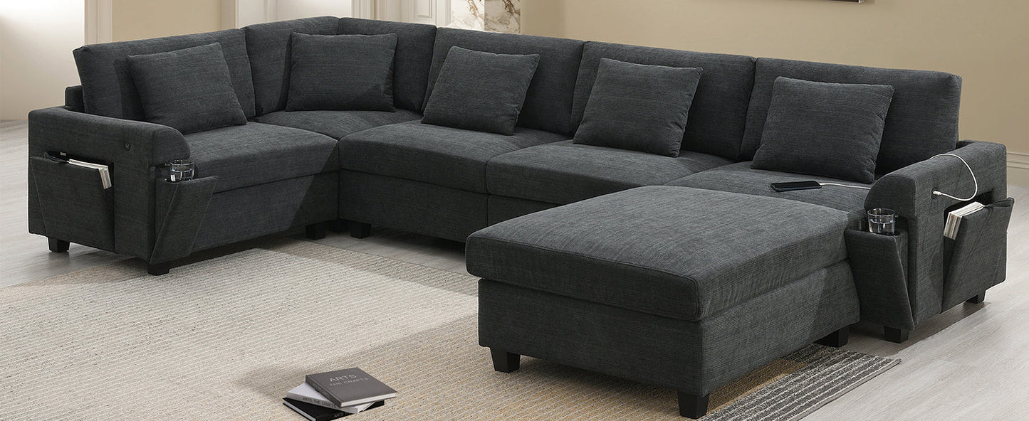 128*67" U Shaped Sectional Sofa,6 Seat Chenille Couch Set With Oversized Ottoman,Hidden Armrest Storage and Cup Holders