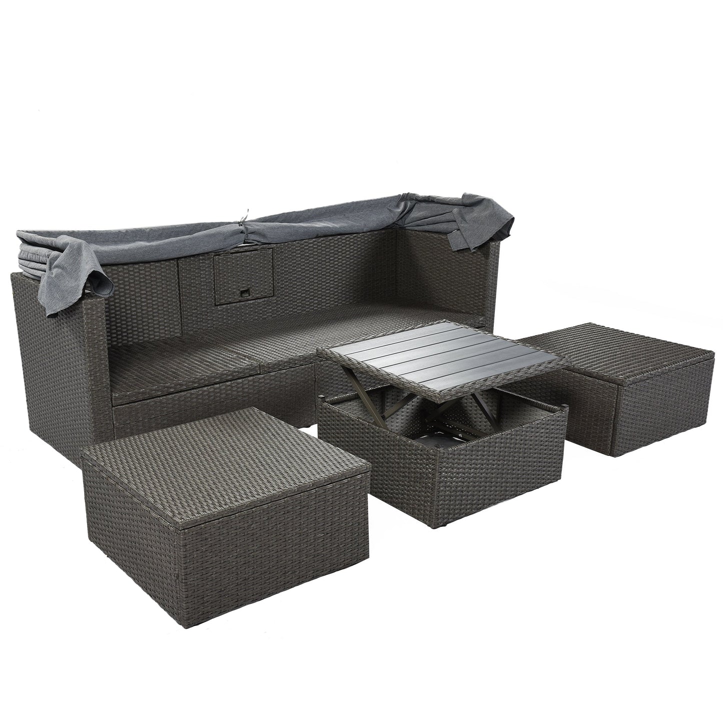 Outdoor Patio Rectangle Daybed With Retractable Canopy, Wicker Furniture Sectional Seating With Washable Cushions