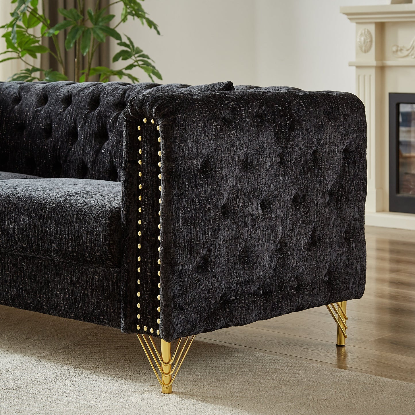 82-Inch Chenille Pull Buckle Design Sofa for Living Room,Buttons Tufted With Copper Nail Decoration Armrest, Modern Couch