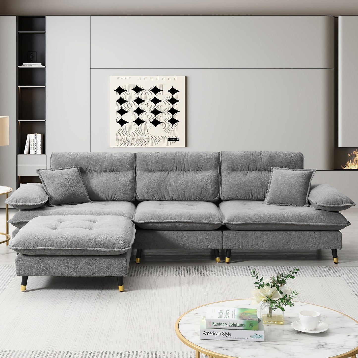 106*66.5" L Shaped Convertible Sectional Sofa,4 Seat Tufted Couch Set With Two-Tone Adjust Legs,Cloud Chenille Fabric