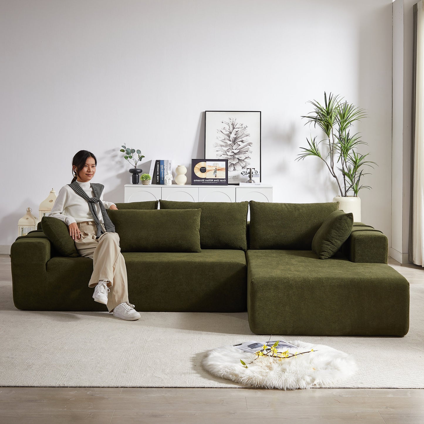 Modern Chenille Upholstered Sectional Sofa Couch Set,Modular 108" L Shaped Sectional Living Room Sofa Set With 6 Pillows