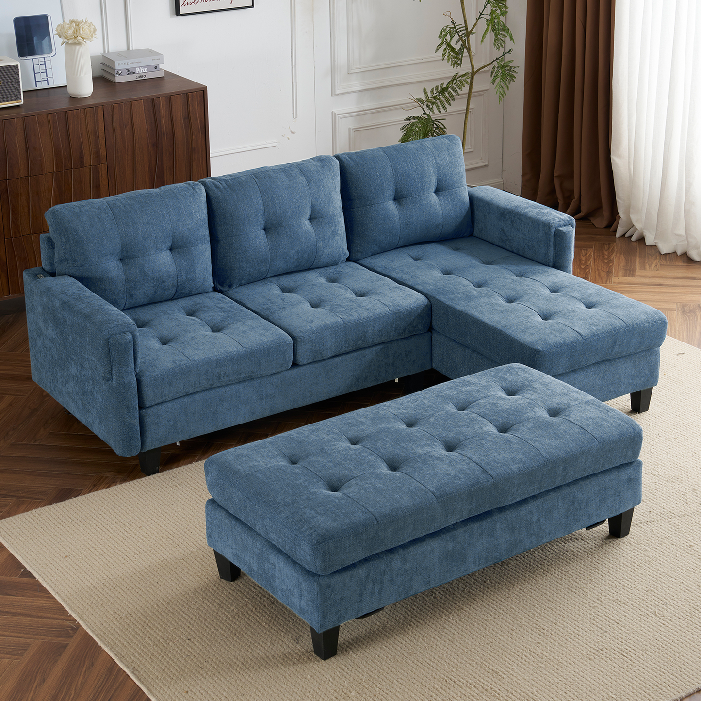 83.4" L-Shaped Sofa Sectional Couch Sofa Bed With Two USB Ports, a Movable Ottoman and a Reversible Chaise Lounge