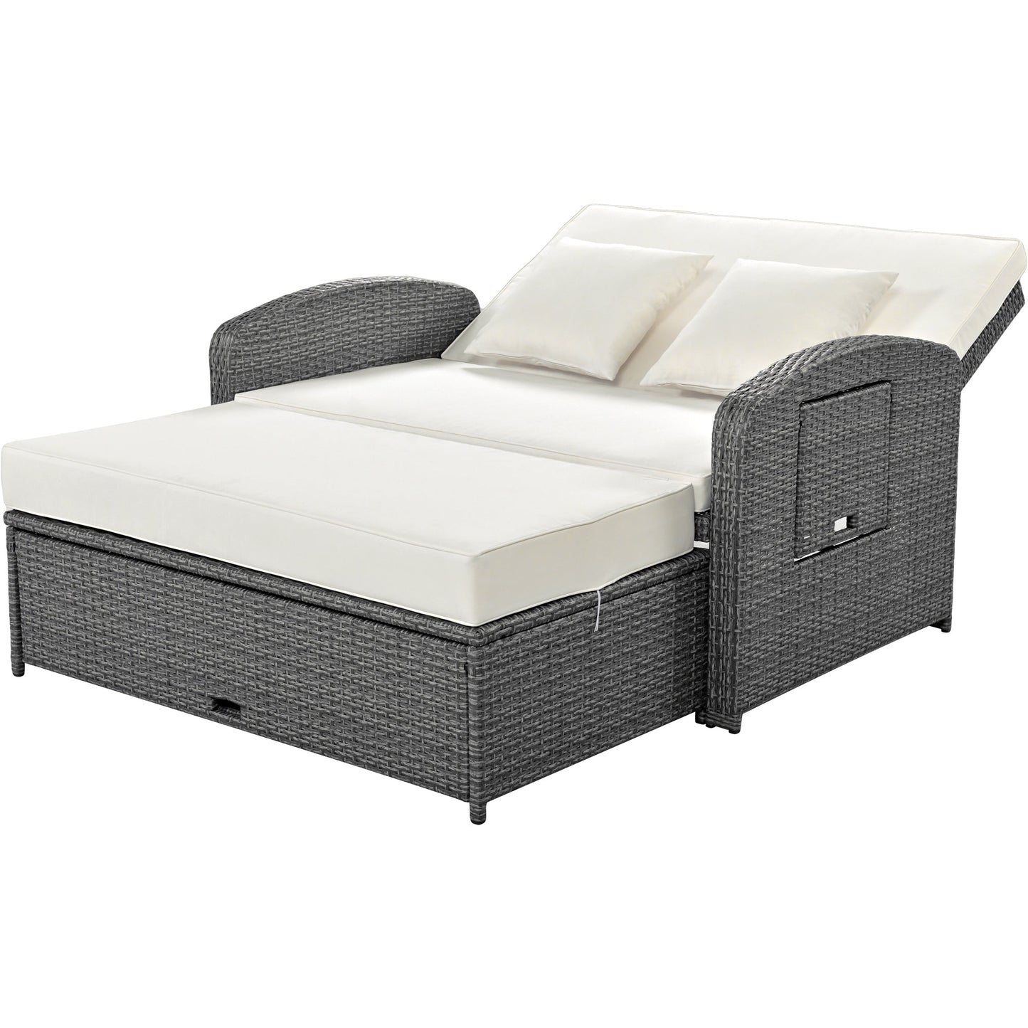 PE Wicker Rattan Double Chaise Lounge, 2-Person Reclining Daybed With Adjustable Back and Cushions